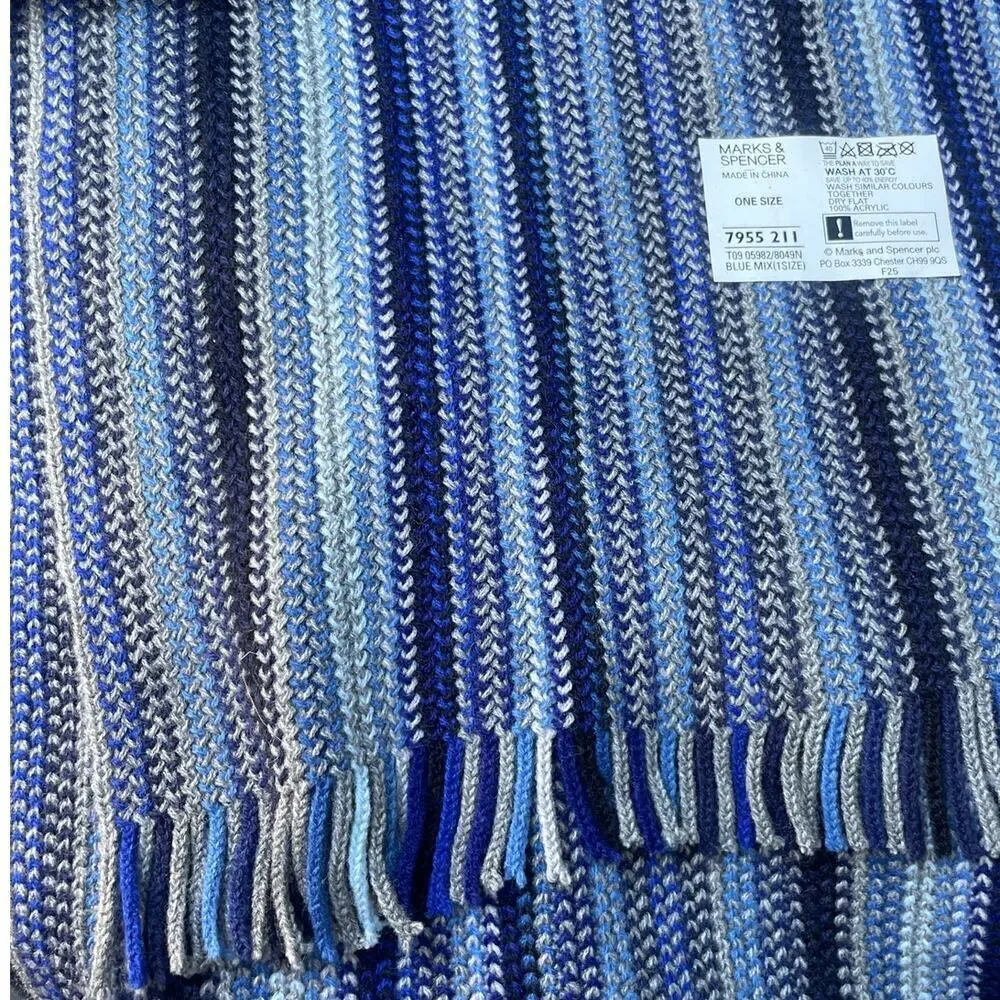 Marks & Spencer Blue Monochromatic Ombre Stripe Winter Knit Scarf Fringe NEW